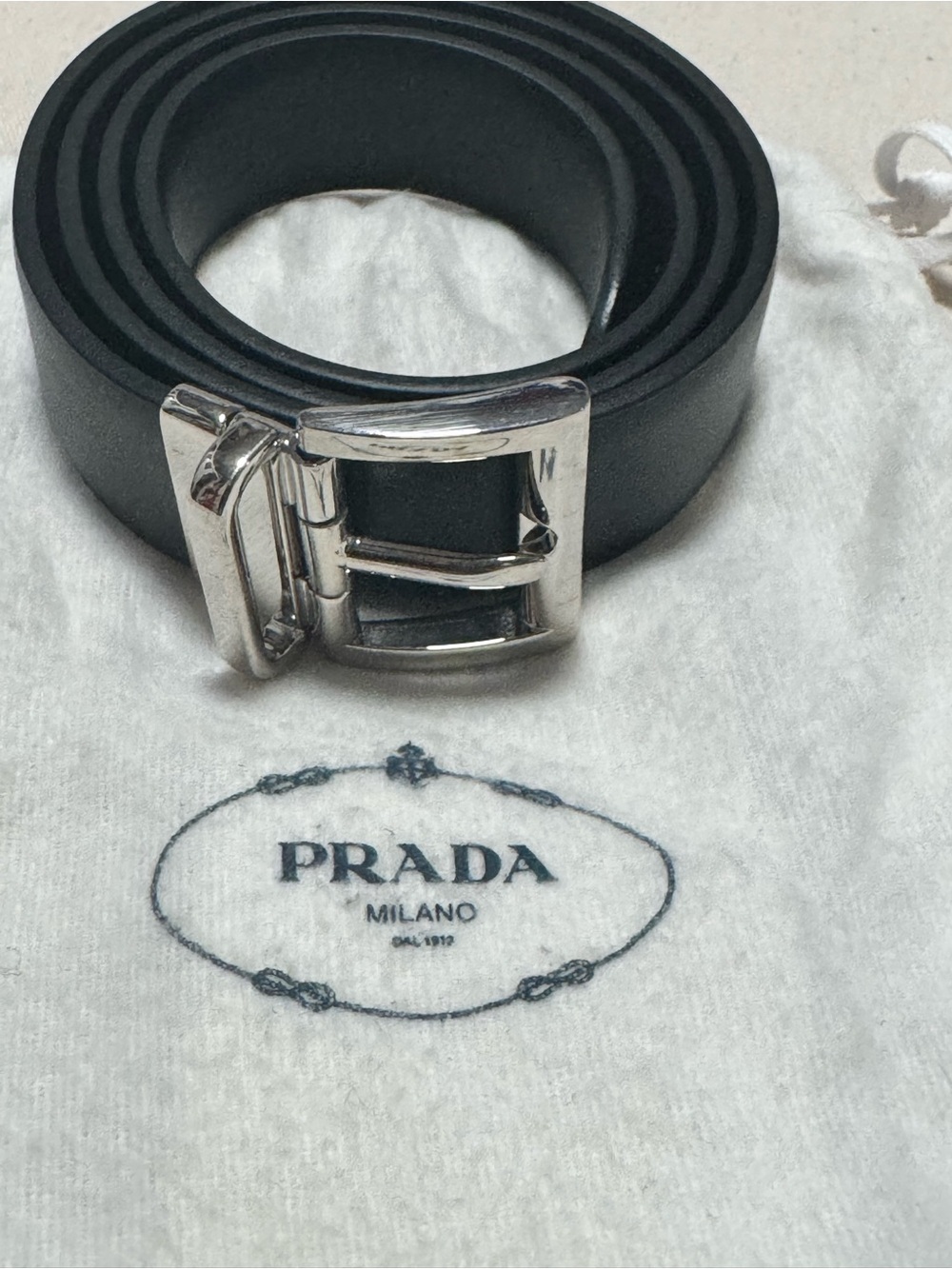 Prada Black Leather Men's Belt with Silver Buckle